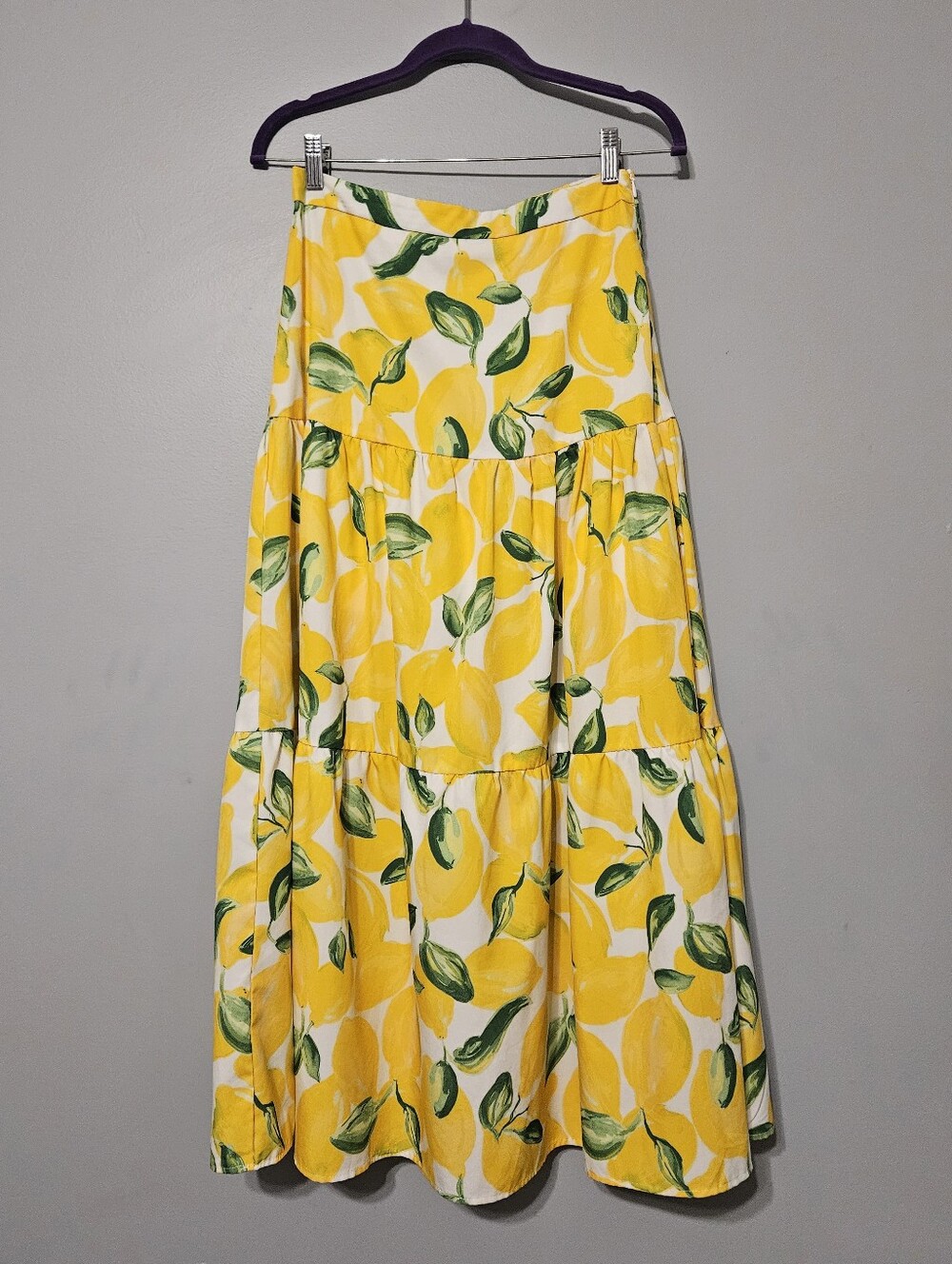 SHEIN Yellow Lemon Print Tiered Maxi Skirt with Green Leaves